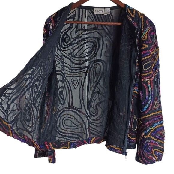 Chico's Sz 1 M Vtg Multicolor Ribbon Sheer Zip Jacket Boho Artwear Swirl Texture - Picture 6 of 8